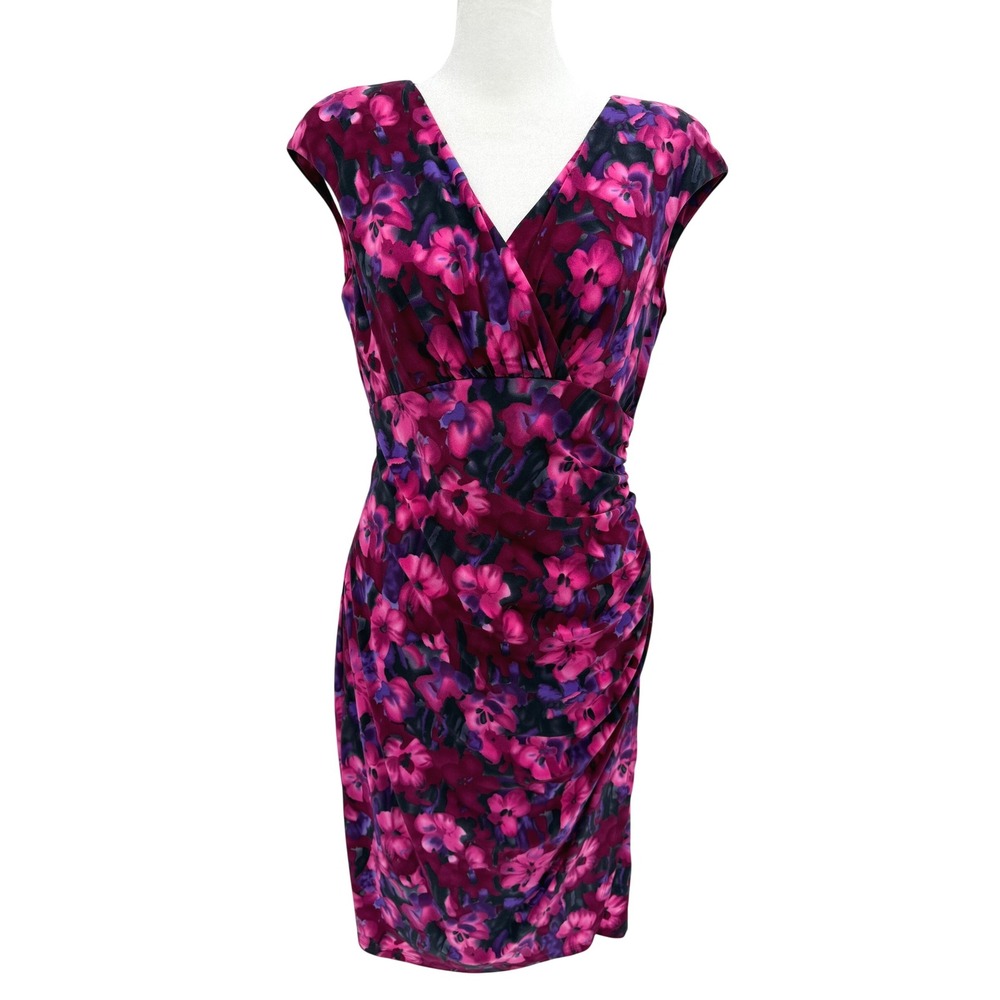 Lauren Ralph Lauren Y2K Floral Sheath Dress 6 Ruched Bright Pink Purple